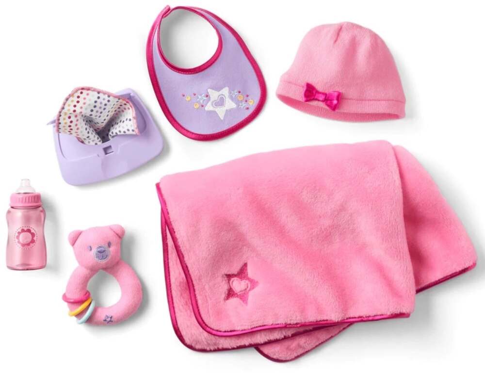 American Girl Bitty Baby Starter Accessories Blanket Bottle Rattle Hat Wipes Bib